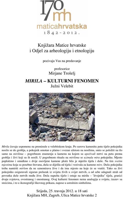 Pozivnica na predavanje 'Mirila - kulturni fenomen' Mirjane Trošelj, prof. Ustupila: Matica hrvatska PRESS.